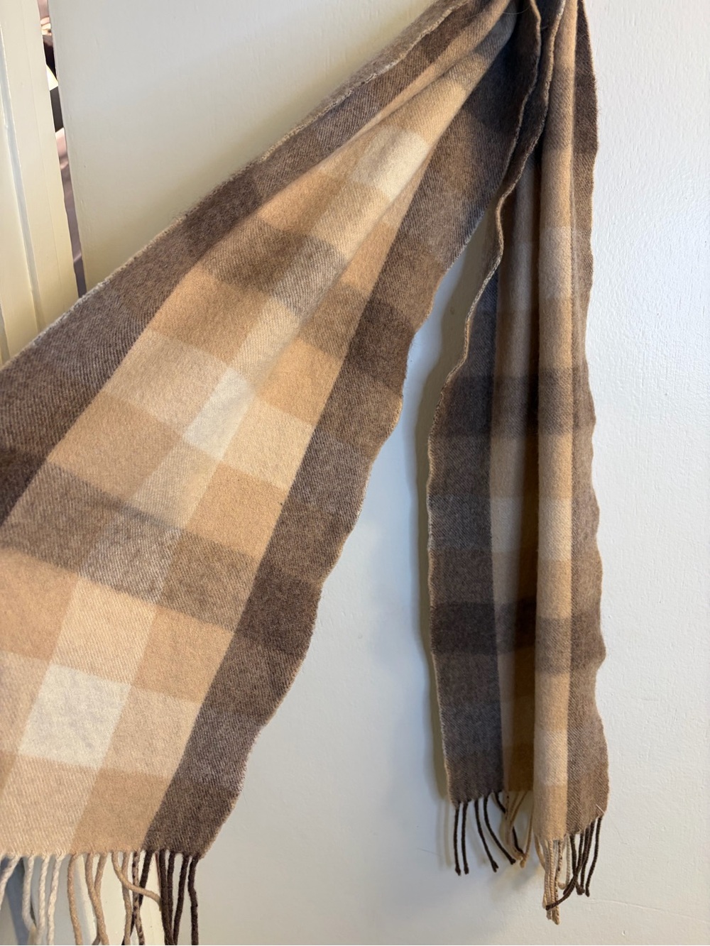EVSEG 100% Cashmere Plaid Scarf Brown Tan Fringe 60” Made in Mongolia